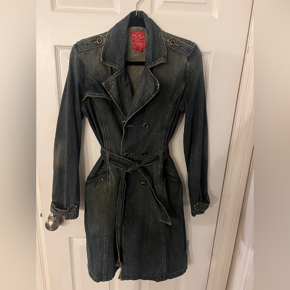 Vintage Lucky Brand 90s Women's Denim Double-breasted Trench Coat w/ Belt
